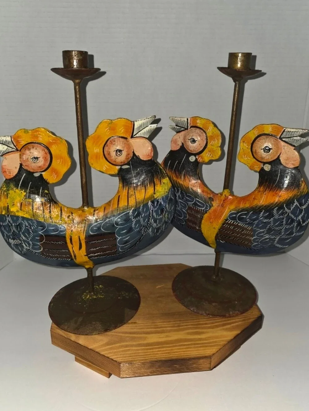 Folk Art Metal Rooster  Farmhouse Cottagecore Candlestick VTG Ser Of 2
